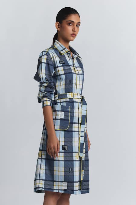 Buy Line Out Line Blue Cotton Satin Collared Plaid Shirt Dress Online at Aza Fashions Buy_Line Out Line_Blue Cotton Satin Collared Plaid Shirt Dress _Online_at_Aza_Fashions
