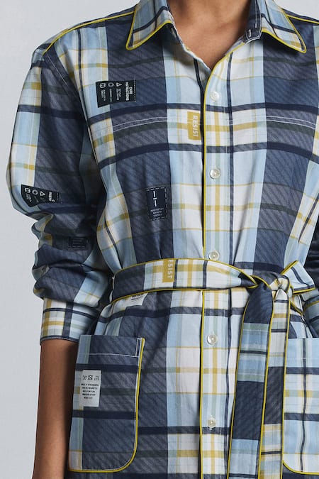 Shop Line Out Line Blue Cotton Satin Collared Plaid Shirt Dress Online at Aza Fashions Shop_Line Out Line_Blue Cotton Satin Collared Plaid Shirt Dress _Online_at_Aza_Fashions