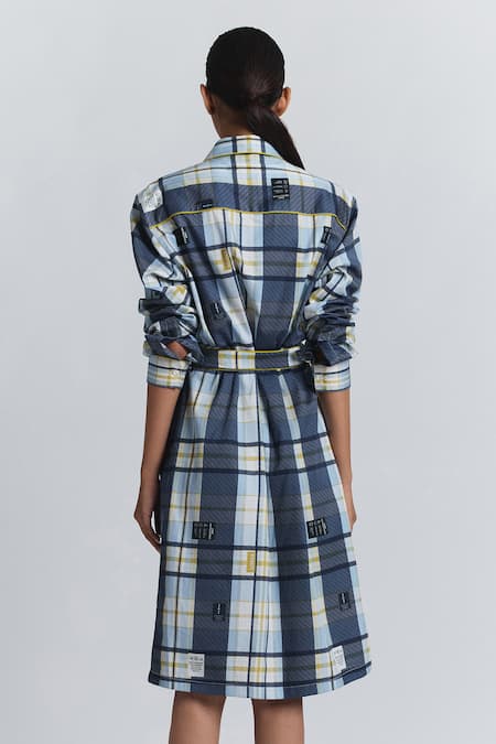 Line Out Line Blue Cotton Satin Collared Plaid Shirt Dress at Aza Fashions Line Out Line_Blue Cotton Satin Collared Plaid Shirt Dress _at_Aza_Fashions