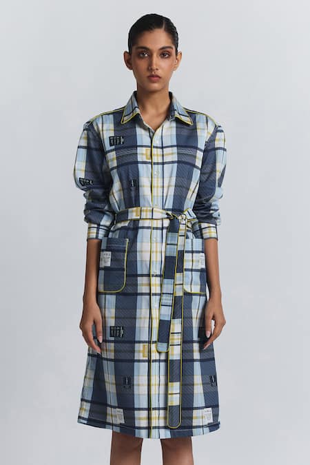 Buy Line Out Line Blue Cotton Satin Collared Plaid Shirt Dress Buy_Line Out Line_Blue Cotton Satin Collared Plaid Shirt Dress