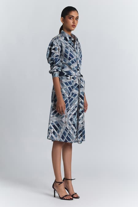 Line Out Line Blue Cotton Satin Collared, Button-down Neck Geometric Print Shirt Midi Dress Online at Aza Fashions Line Out Line_Blue Cotton Satin Collared, Button-down Neck Geometric Print Shirt Midi Dress _Online_at_Aza_Fashions