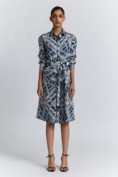 Line Out Line Blue Cotton Satin Collared, Button-down Neck Geometric Print Shirt Midi Dress