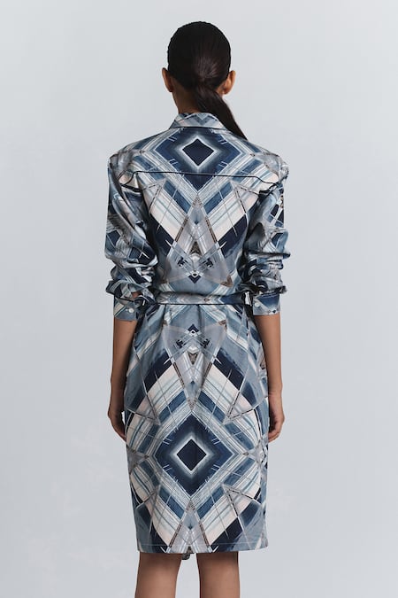 Buy Line Out Line Blue Cotton Satin Collared, Button-down Neck Geometric Print Shirt Midi Dress Online at Aza Fashions Buy_Line Out Line_Blue Cotton Satin Collared, Button-down Neck Geometric Print Shirt Midi Dress _Online_at_Aza_Fashions
