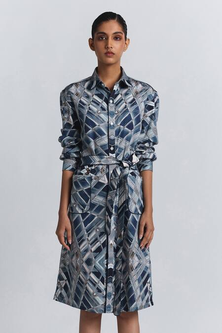 Shop Line Out Line Blue Cotton Satin Collared, Button-down Neck Geometric Print Shirt Midi Dress Online at Aza Fashions Shop_Line Out Line_Blue Cotton Satin Collared, Button-down Neck Geometric Print Shirt Midi Dress _Online_at_Aza_Fashions
