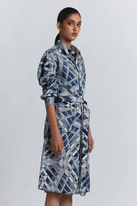 Line Out Line Blue Cotton Satin Collared, Button-down Neck Geometric Print Shirt Midi Dress at Aza Fashions Line Out Line_Blue Cotton Satin Collared, Button-down Neck Geometric Print Shirt Midi Dress _at_Aza_Fashions