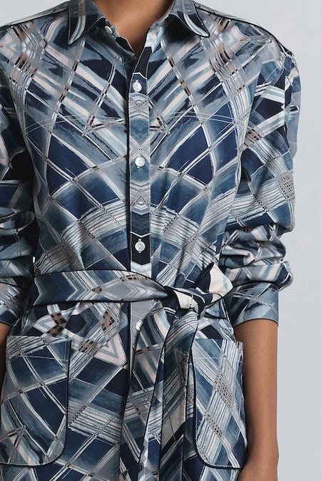 Buy Line Out Line Blue Cotton Satin Collared, Button-down Neck Geometric Print Shirt Midi Dress Buy_Line Out Line_Blue Cotton Satin Collared, Button-down Neck Geometric Print Shirt Midi Dress
