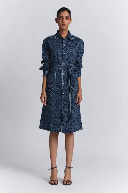 Line Out Line Blue Cotton Satin Collared, Button-down Neck Geometric Print Shirt Midi Dress