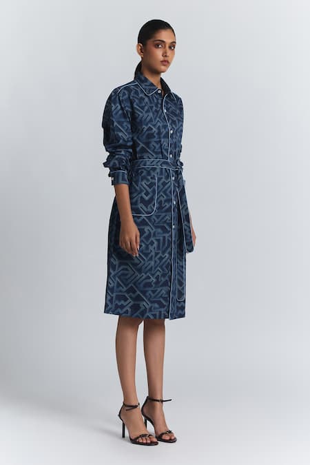Line Out Line Blue Cotton Satin Collared, Button-down Neck Geometric Print Shirt Midi Dress Online at Aza Fashions Line Out Line_Blue Cotton Satin Collared, Button-down Neck Geometric Print Shirt Midi Dress _Online_at_Aza_Fashions