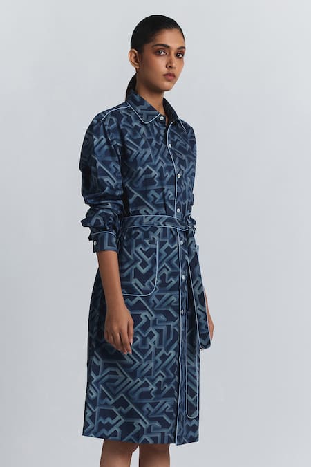 Buy Line Out Line Blue Cotton Satin Collared, Button-down Neck Geometric Print Shirt Midi Dress Online at Aza Fashions Buy_Line Out Line_Blue Cotton Satin Collared, Button-down Neck Geometric Print Shirt Midi Dress _Online_at_Aza_Fashions