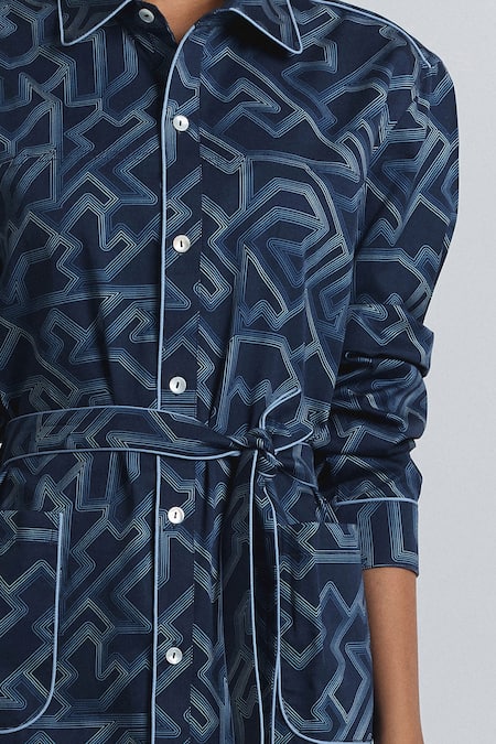Shop Line Out Line Blue Cotton Satin Collared, Button-down Neck Geometric Print Shirt Midi Dress Online at Aza Fashions Shop_Line Out Line_Blue Cotton Satin Collared, Button-down Neck Geometric Print Shirt Midi Dress _Online_at_Aza_Fashions