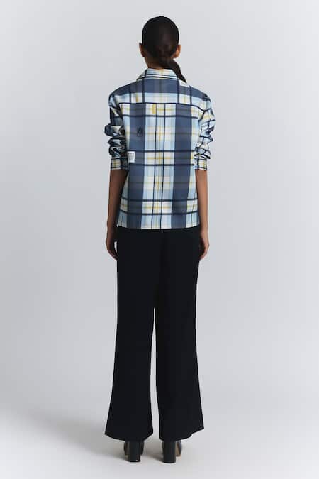 Line Out Line Blue Cotton Satin Collared, V-neck Plaid Pattern Shacket Online at Aza Fashions Line Out Line_Blue Cotton Satin Collared, V-neck Plaid Pattern Shacket _Online_at_Aza_Fashions
