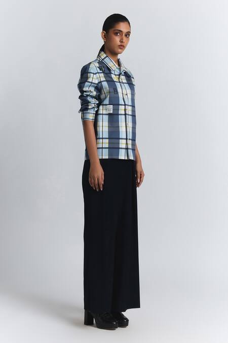 Buy Line Out Line Blue Cotton Satin Collared, V-neck Plaid Pattern Shacket Online at Aza Fashions Buy_Line Out Line_Blue Cotton Satin Collared, V-neck Plaid Pattern Shacket _Online_at_Aza_Fashions