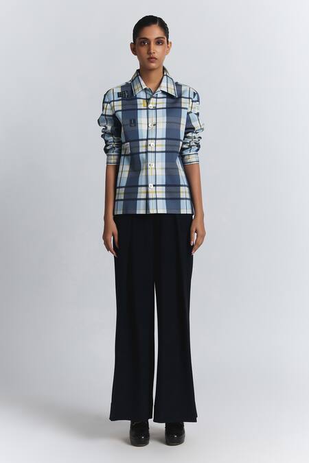 Shop Line Out Line Blue Cotton Satin Collared, V-neck Plaid Pattern Shacket Online at Aza Fashions Shop_Line Out Line_Blue Cotton Satin Collared, V-neck Plaid Pattern Shacket _Online_at_Aza_Fashions