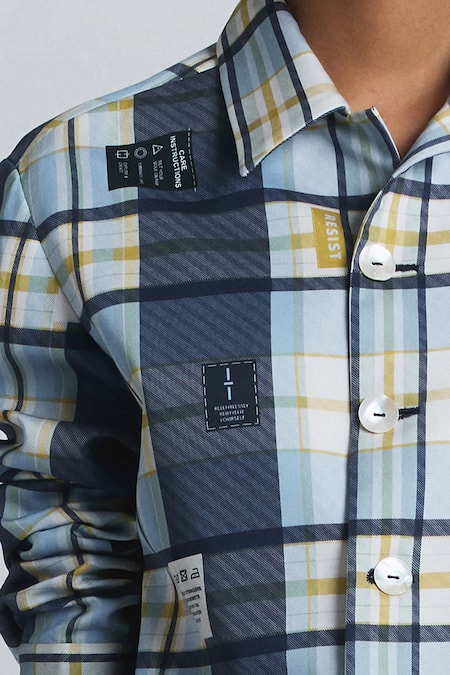 Line Out Line Blue Cotton Satin Collared, V-neck Plaid Pattern Shacket at Aza Fashions Line Out Line_Blue Cotton Satin Collared, V-neck Plaid Pattern Shacket _at_Aza_Fashions