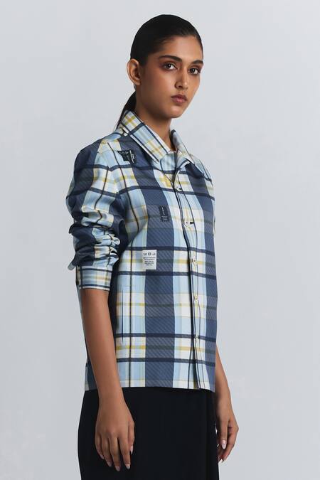 Buy Line Out Line Blue Cotton Satin Collared, V-neck Plaid Pattern Shacket Buy_Line Out Line_Blue Cotton Satin Collared, V-neck Plaid Pattern Shacket