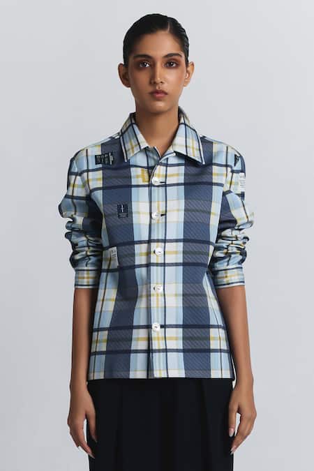 Line Out Line Blue Cotton Satin Collared, V-neck Plaid Pattern Shacket