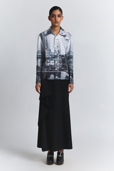 Line Out Line_Black Cotton, Linen Collared Cityscape Print Shacket _Online_at_Aza_Fashions