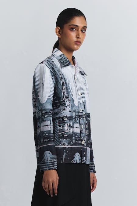 Buy_Line Out Line_Black Cotton, Linen Collared Cityscape Print Shacket _Online_at_Aza_Fashions