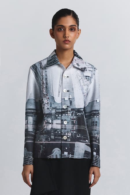 Line Out Line Black Cotton, Linen Collared Cityscape Print Shacket