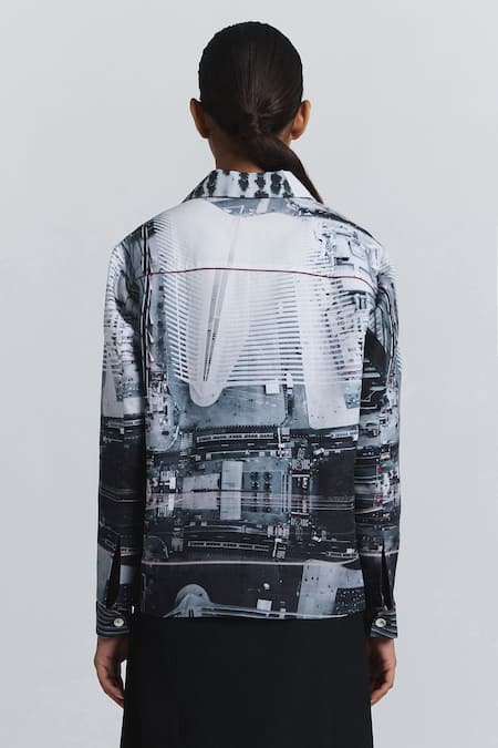 Line Out Line Cityscape Print Cotton Linen Shacket 