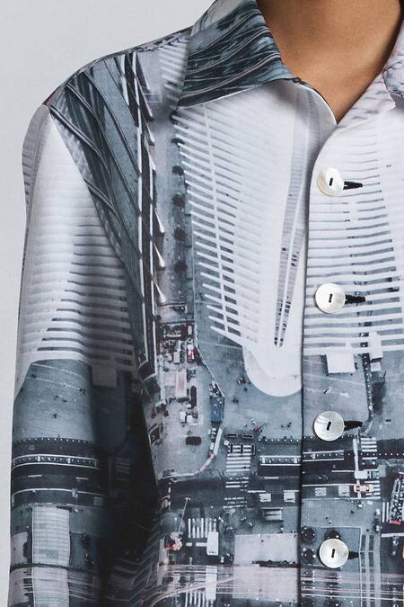 Shop_Line Out Line_Black Cotton, Linen Collared Cityscape Print Shacket _Online_at_Aza_Fashions