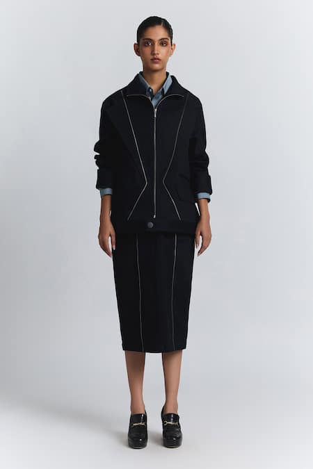 Line Out Line Navy Denim, Twill Collared Zipper Detail Bomber Jacket Online at Aza Fashions Line Out Line_Navy Denim, Twill Collared Zipper Detail Bomber Jacket _Online_at_Aza_Fashions