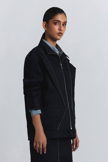 Buy Line Out Line Navy Denim, Twill Collared Zipper Detail Bomber Jacket Online at Aza Fashions Buy_Line Out Line_Navy Denim, Twill Collared Zipper Detail Bomber Jacket _Online_at_Aza_Fashions