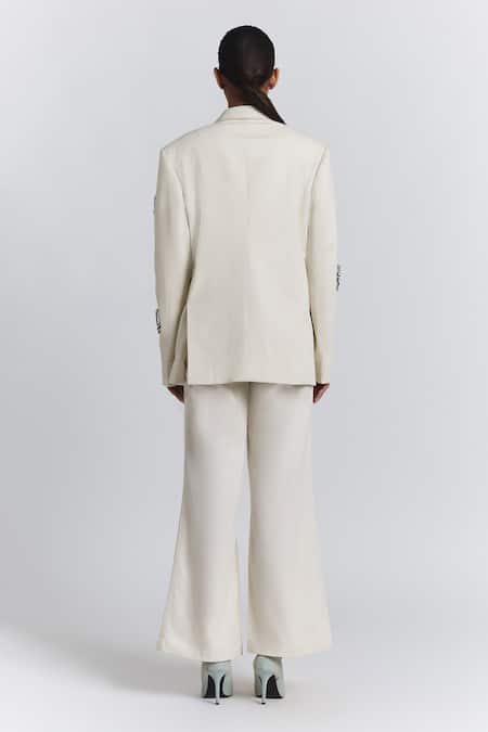 Line Out Line Ivory Denim, Twill Fringe, Embroidery Patchwork Embellished Blazer Online at Aza Fashions Line Out Line_Ivory Denim, Twill Fringe, Embroidery Patchwork Embellished Blazer _Online_at_Aza_Fashions