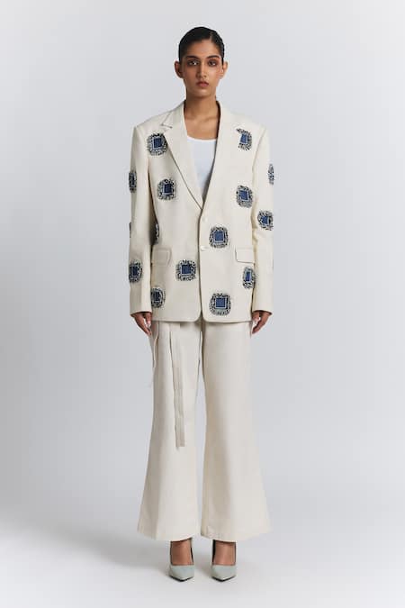 Buy Line Out Line Ivory Denim, Twill Fringe, Embroidery Patchwork Embellished Blazer Online at Aza Fashions Buy_Line Out Line_Ivory Denim, Twill Fringe, Embroidery Patchwork Embellished Blazer _Online_at_Aza_Fashions