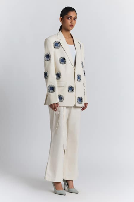 Shop Line Out Line Ivory Denim, Twill Fringe, Embroidery Patchwork Embellished Blazer Online at Aza Fashions Shop_Line Out Line_Ivory Denim, Twill Fringe, Embroidery Patchwork Embellished Blazer _Online_at_Aza_Fashions