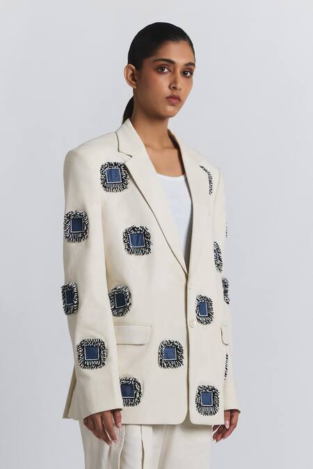 Line Out Line Ivory Denim, Twill Fringe, Embroidery Patchwork Embellished Blazer at Aza Fashions Line Out Line_Ivory Denim, Twill Fringe, Embroidery Patchwork Embellished Blazer _at_Aza_Fashions