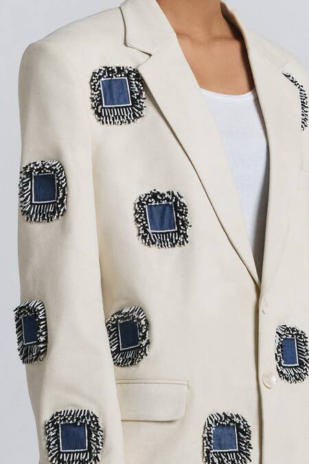 Buy Line Out Line Ivory Denim, Twill Fringe, Embroidery Patchwork Embellished Blazer Buy_Line Out Line_Ivory Denim, Twill Fringe, Embroidery Patchwork Embellished Blazer