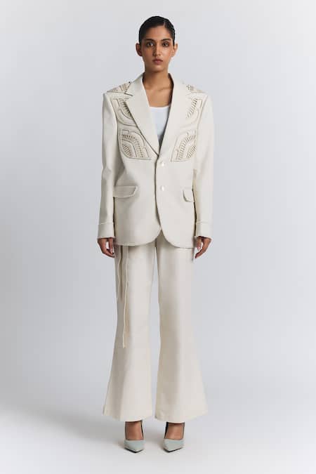 Line Out Line Ivory Denim, Twill Cut Work Detail Blazer Online at Aza Fashions Line Out Line_Ivory Denim, Twill Cut Work Detail Blazer _Online_at_Aza_Fashions
