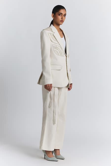 Shop Line Out Line Ivory Denim, Twill Cut Work Detail Blazer Online at Aza Fashions Shop_Line Out Line_Ivory Denim, Twill Cut Work Detail Blazer _Online_at_Aza_Fashions