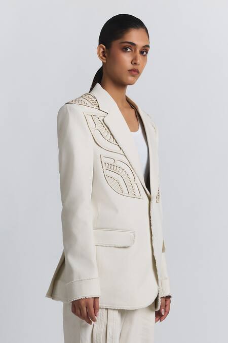 Line Out Line Ivory Denim, Twill Cut Work Detail Blazer at Aza Fashions Line Out Line_Ivory Denim, Twill Cut Work Detail Blazer _at_Aza_Fashions
