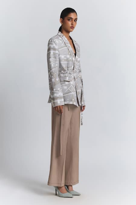 Line Out Line Beige Cotton, Linen Abstract Printed Belted Blazer Online at Aza Fashions Line Out Line_Beige Cotton, Linen Abstract Printed Belted Blazer _Online_at_Aza_Fashions