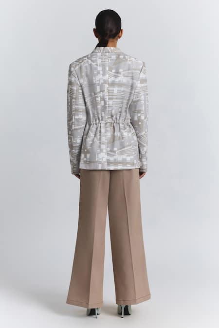Buy Line Out Line Beige Cotton, Linen Abstract Printed Belted Blazer Online at Aza Fashions Buy_Line Out Line_Beige Cotton, Linen Abstract Printed Belted Blazer _Online_at_Aza_Fashions