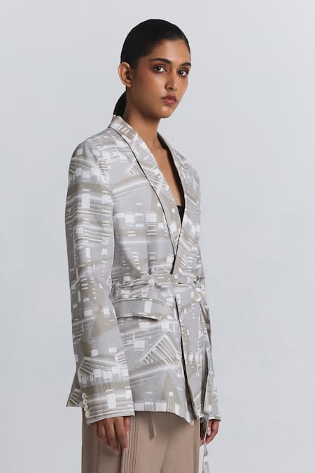 Line Out Line Beige Cotton, Linen Abstract Printed Belted Blazer at Aza Fashions Line Out Line_Beige Cotton, Linen Abstract Printed Belted Blazer _at_Aza_Fashions