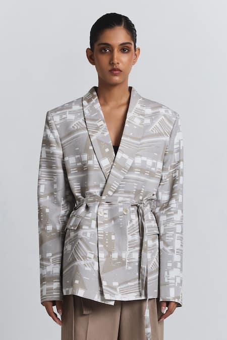 Line Out Line Abstract Printed Belted Blazer 