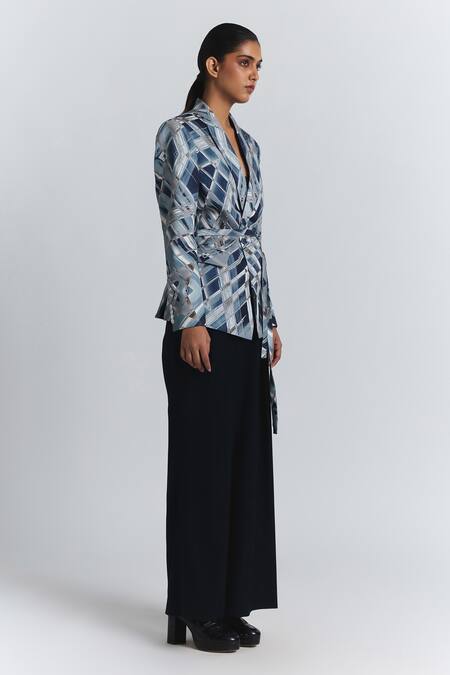 Line Out Line Blue Cotton Satin Geometric Print Wrap Blazer Online at Aza Fashions Line Out Line_Blue Cotton Satin Geometric Print Wrap Blazer _Online_at_Aza_Fashions