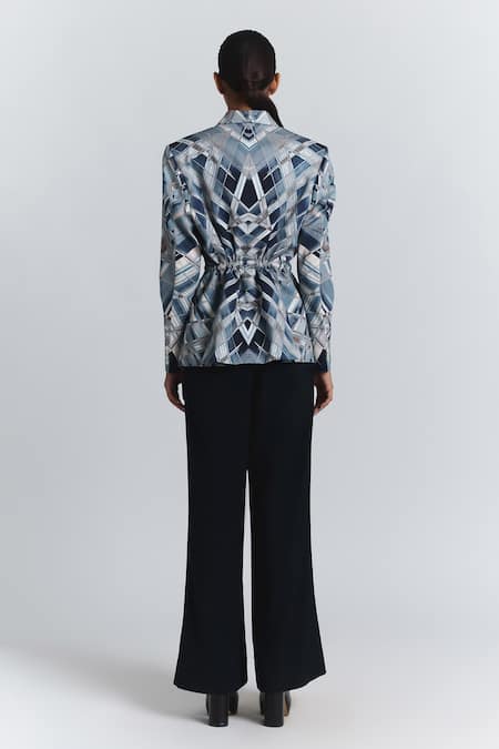 Buy Line Out Line Blue Cotton Satin Geometric Print Wrap Blazer Online at Aza Fashions Buy_Line Out Line_Blue Cotton Satin Geometric Print Wrap Blazer _Online_at_Aza_Fashions