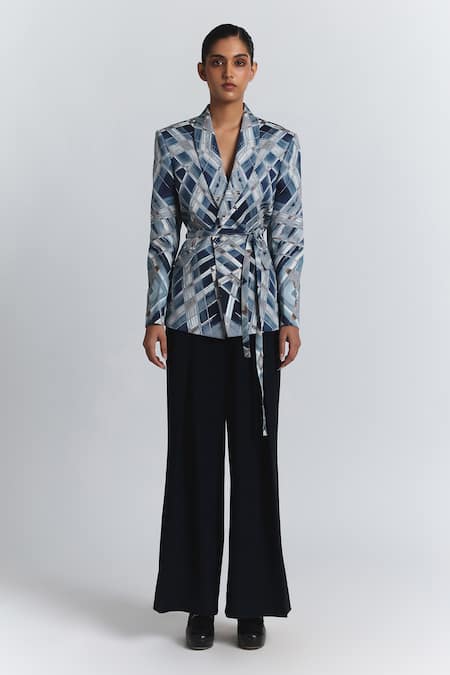 Shop Line Out Line Blue Cotton Satin Geometric Print Wrap Blazer Online at Aza Fashions Shop_Line Out Line_Blue Cotton Satin Geometric Print Wrap Blazer _Online_at_Aza_Fashions