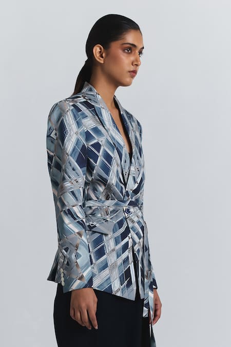 Line Out Line Blue Cotton Satin Geometric Print Wrap Blazer at Aza Fashions Line Out Line_Blue Cotton Satin Geometric Print Wrap Blazer _at_Aza_Fashions