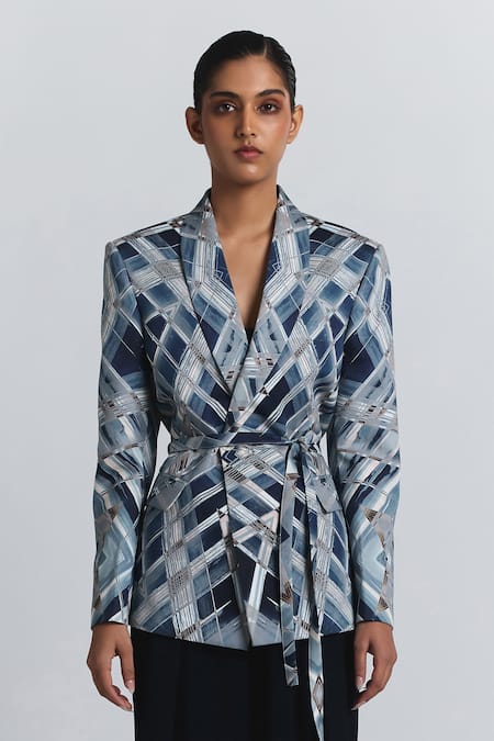 Line Out Line Geometric Print Wrap Blazer 