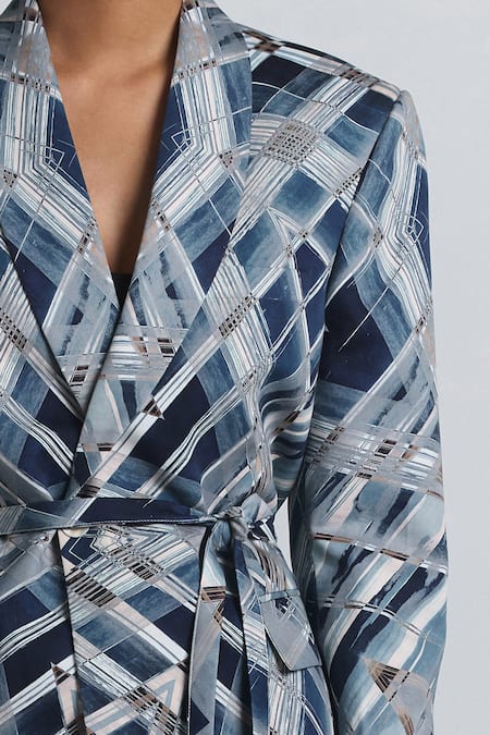 Buy Line Out Line Blue Cotton Satin Geometric Print Wrap Blazer Buy_Line Out Line_Blue Cotton Satin Geometric Print Wrap Blazer