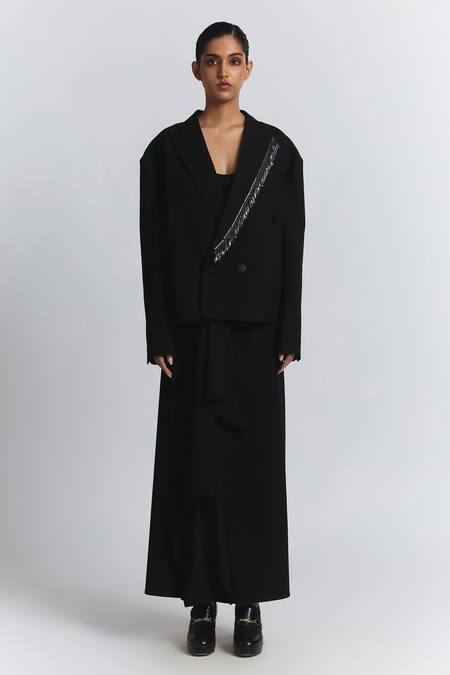 Buy Line Out Line Black Suiting Beads Embellished Double-breasted Blazer Online at Aza Fashions Buy_Line Out Line_Black Suiting Beads Embellished Double-breasted Blazer _Online_at_Aza_Fashions