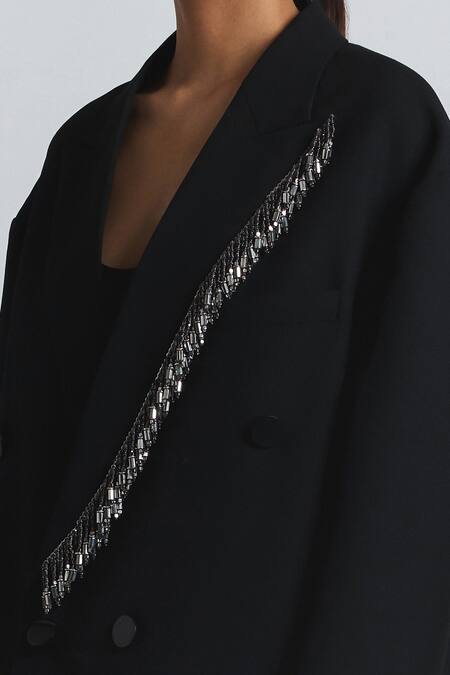 Buy Line Out Line Black Suiting Beads Embellished Double-breasted Blazer Buy_Line Out Line_Black Suiting Beads Embellished Double-breasted Blazer