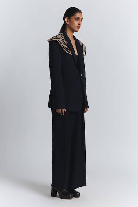 Line Out Line Navy Denim, Twill Applique Structured Shoulder Detail Blazer Online at Aza Fashions Line Out Line_Navy Denim, Twill Applique Structured Shoulder Detail Blazer _Online_at_Aza_Fashions