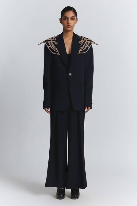 Shop Line Out Line Navy Denim, Twill Applique Structured Shoulder Detail Blazer Online at Aza Fashions Shop_Line Out Line_Navy Denim, Twill Applique Structured Shoulder Detail Blazer _Online_at_Aza_Fashions