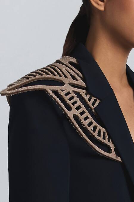 Buy Line Out Line Navy Denim, Twill Applique Structured Shoulder Detail Blazer Buy_Line Out Line_Navy Denim, Twill Applique Structured Shoulder Detail Blazer